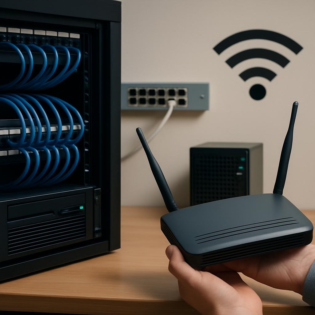 Uma imagem que busque criar curiosidade sobre o tema de Infraestrutura de TI em PMEs.
Algo relacionado a cabeamento estruturado, Wifi, Servidores..